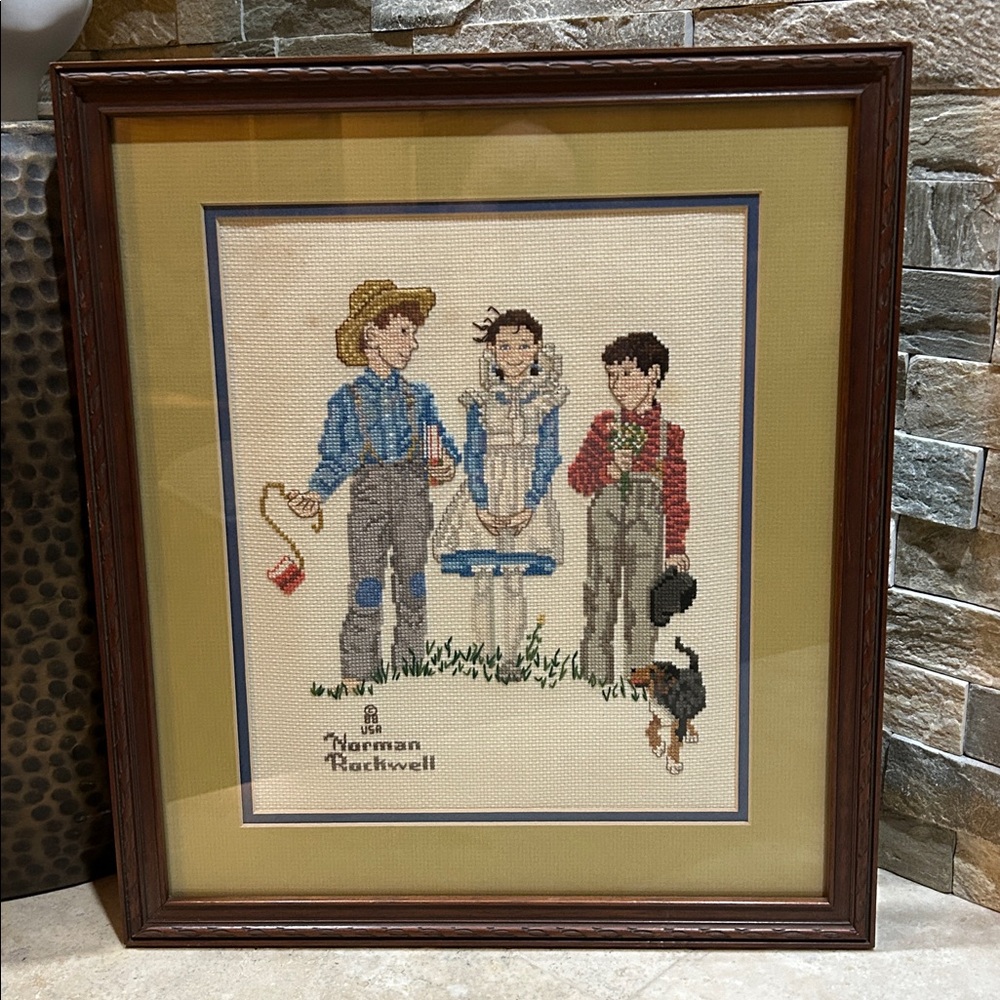 Vintage framed Norman Rockwell Boy Fishing with Dog Cross Stitch